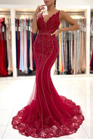 Vestido de fiesta largo de sirena con escote en V, encaje de tul y espalda abierta con purpurina
