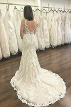 Long V-neck Wide Straps Lace Open Back Mermaid Wedding Dress by BIZTUNNEL