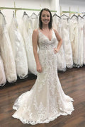 Long V-neck Wide Straps Lace Open Back Mermaid Wedding Dress by BIZTUNNEL