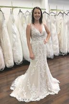 Long V-neck Wide Straps Lace Open Back Mermaid Wedding Dress by BIZTUNNEL