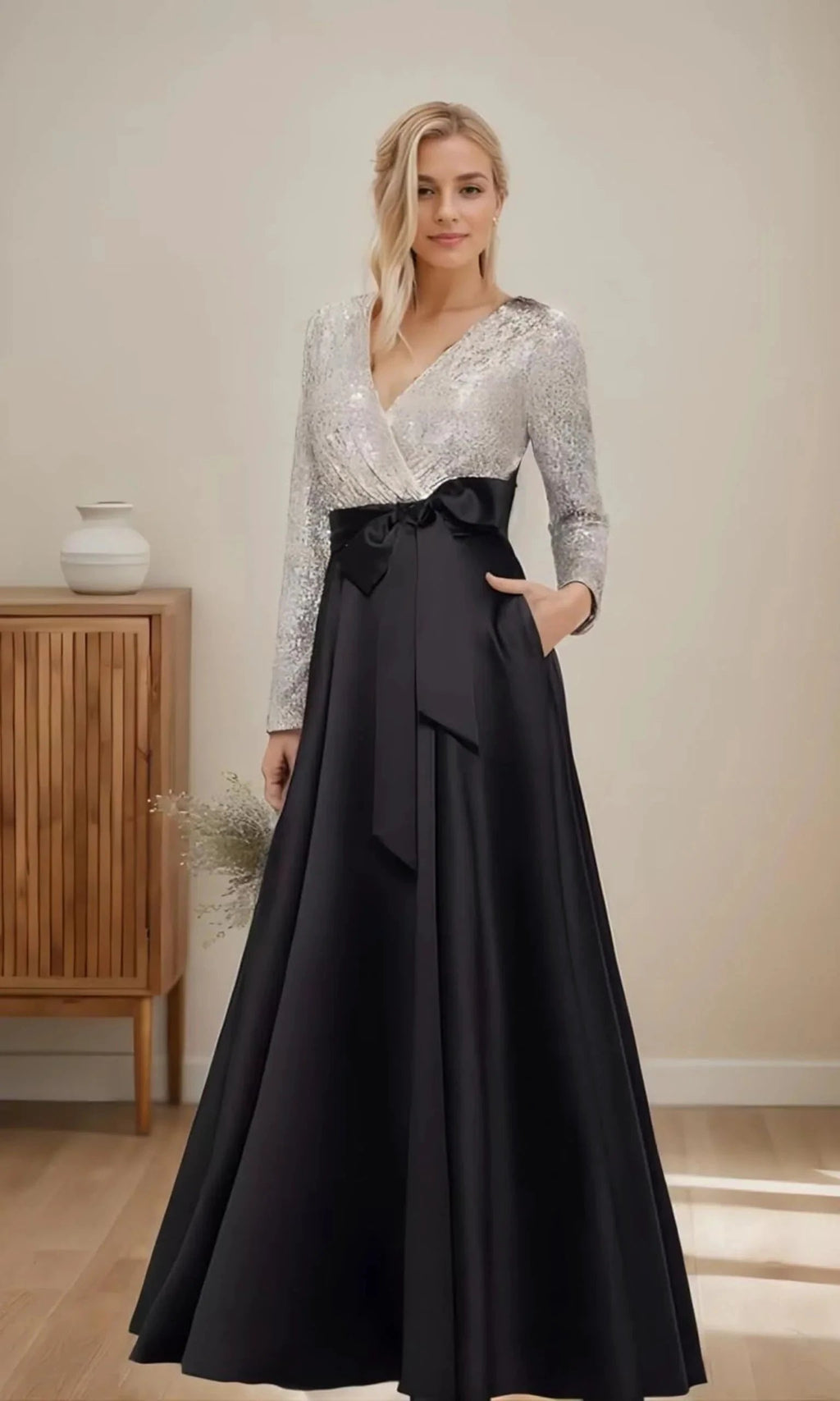 Long Sleeve Bow Dress Sequin Top Gown With A Bow by vivymakudress