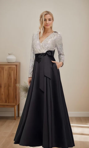 Vestido de manga larga con lazo y lentejuelas