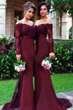 Lace Burgundy Bridesmaid Dress Off-the-Shoulder Mermaid Prom Dresses by MyChicDress