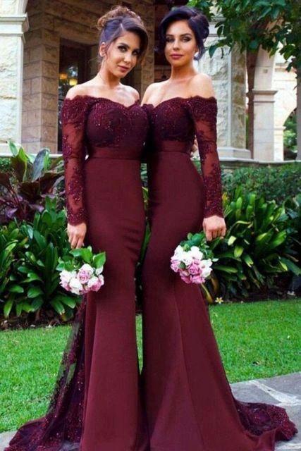 Lace Burgundy Bridesmaid Dress Off-the-Shoulder Mermaid Prom Dresses by MyChicDress