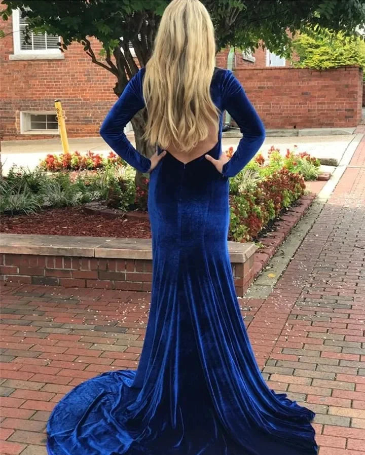 Long Sleeve Prom Dresses Royal Blue Formal Dress With Sleeves by vivymakudress