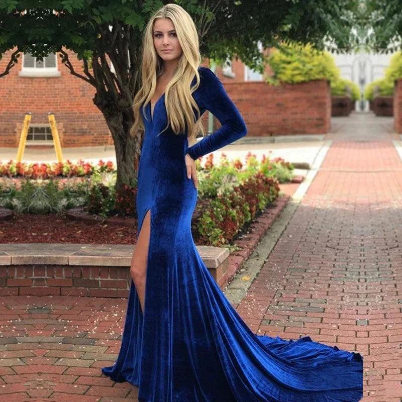 Long Sleeve Prom Dresses Royal Blue Formal Dress With Sleeves by vivymakudress