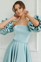 Lovely Short A-line Blue Off-the-shoulder Satin Homecoming Dresses by misshow.com