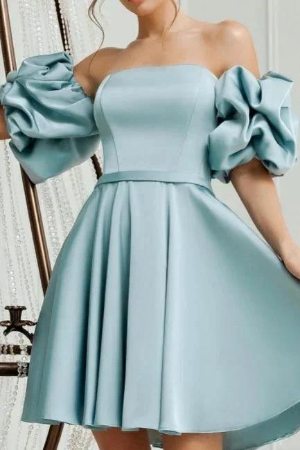 Lovely Short A-line Blue Off-the-shoulder Satin Homecoming Dresses by misshow.com