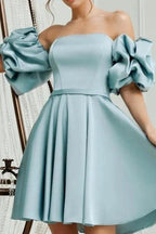 Lovely Short A-line Blue Off-the-shoulder Satin Homecoming Dresses by misshow.com