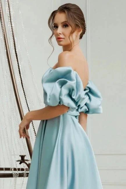 Lovely Short A-line Blue Off-the-shoulder Satin Homecoming Dresses by misshow.com