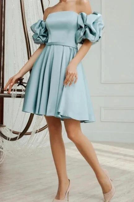 Lovely Short A-line Blue Off-the-shoulder Satin Homecoming Dresses by misshow.com