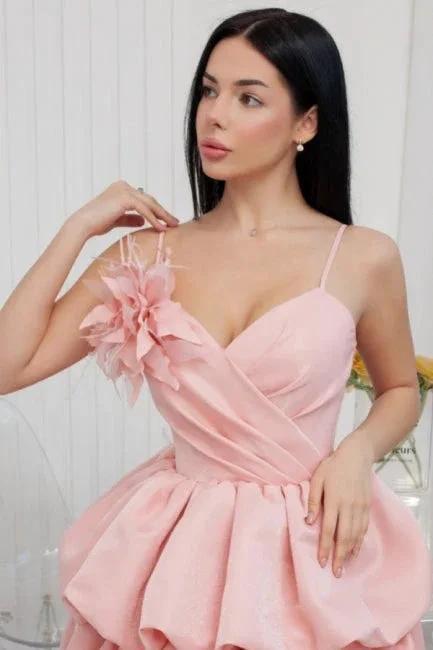 Lovely Short Pink Spaghetti Straps Ruffles Satin Homecoming Dresses by misshow.com