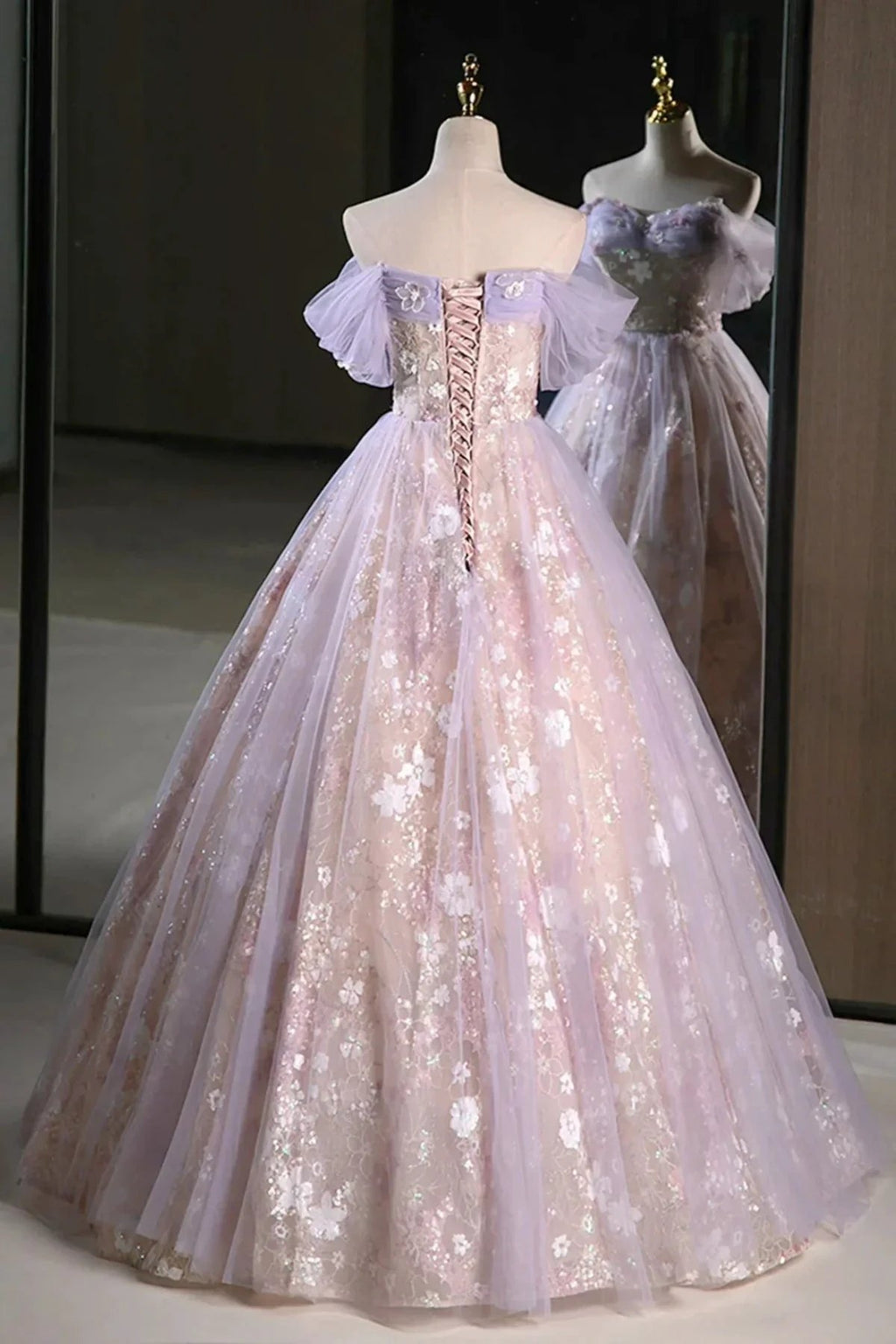 Lucasta | Lilac Off The Shoulder Tulle A Line Prom Dress With Appliques by KissProm