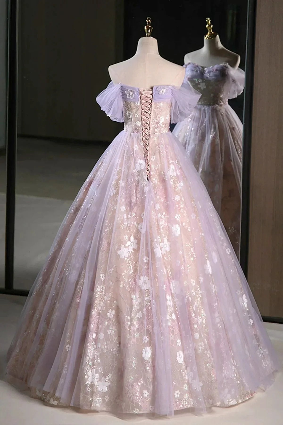 Lucasta | Lilac Off The Shoulder Tulle A Line Prom Dress With Appliques by KissProm