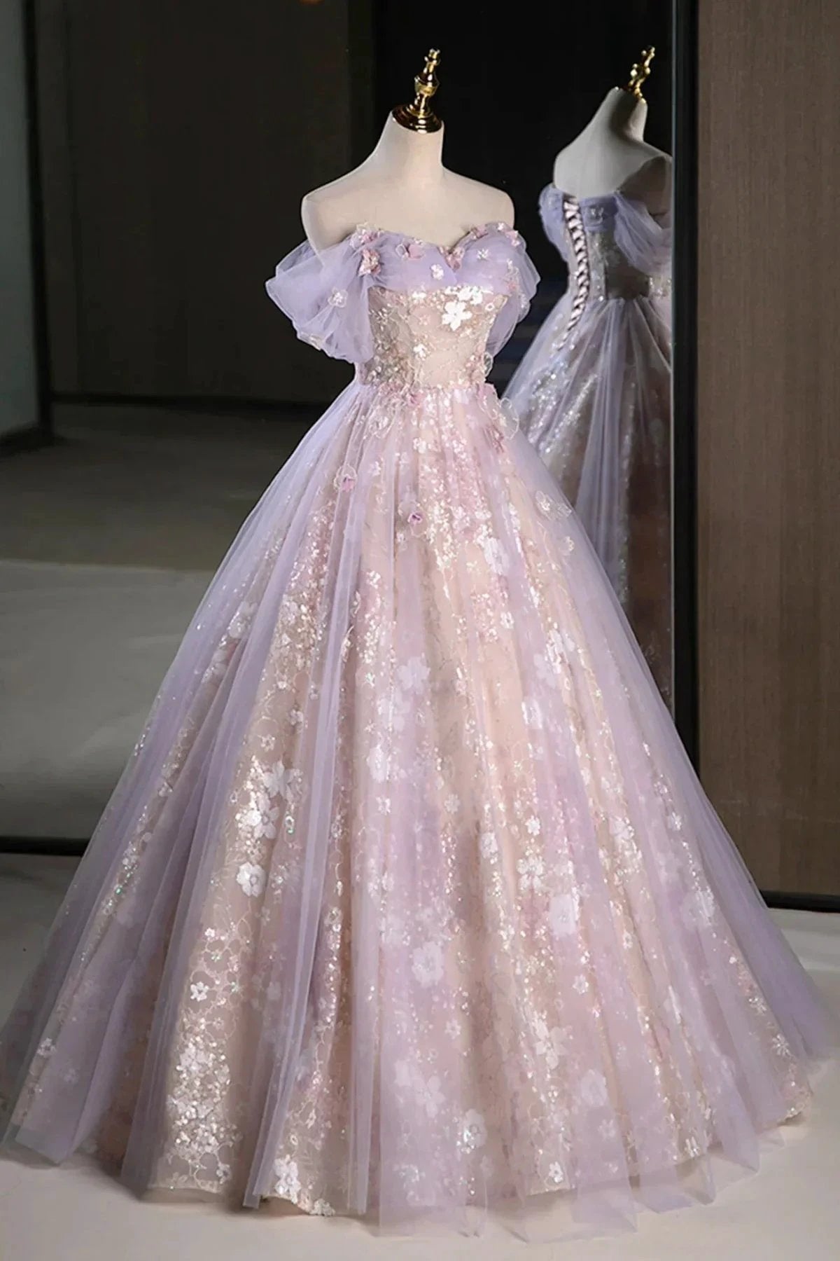 Lucasta | Lilac Off The Shoulder Tulle A Line Prom Dress With Appliques by KissProm