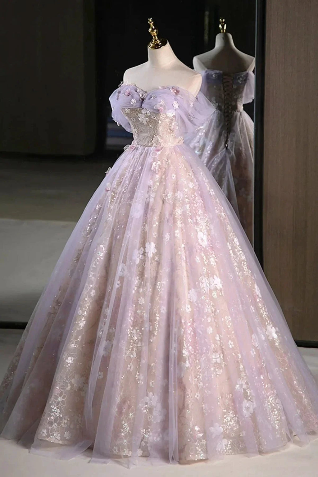 Lucasta | Lilac Off The Shoulder Tulle A Line Prom Dress With Appliques by KissProm