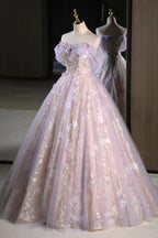 Lucasta | Lilac Off The Shoulder Tulle A Line Prom Dress With Appliques by KissProm