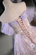 Lucasta | Lilac Off The Shoulder Tulle A Line Prom Dress With Appliques by KissProm