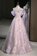 Lucasta | Lilac Off The Shoulder Tulle A Line Prom Dress With Appliques by KissProm