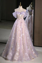 Lucasta | Lilac Off The Shoulder Tulle A Line Prom Dress With Appliques by KissProm