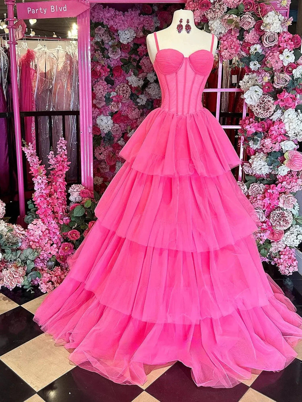 Lula | Hot Pink Ball Gown Tiered Tulle Long Prom Dress by KissProm
