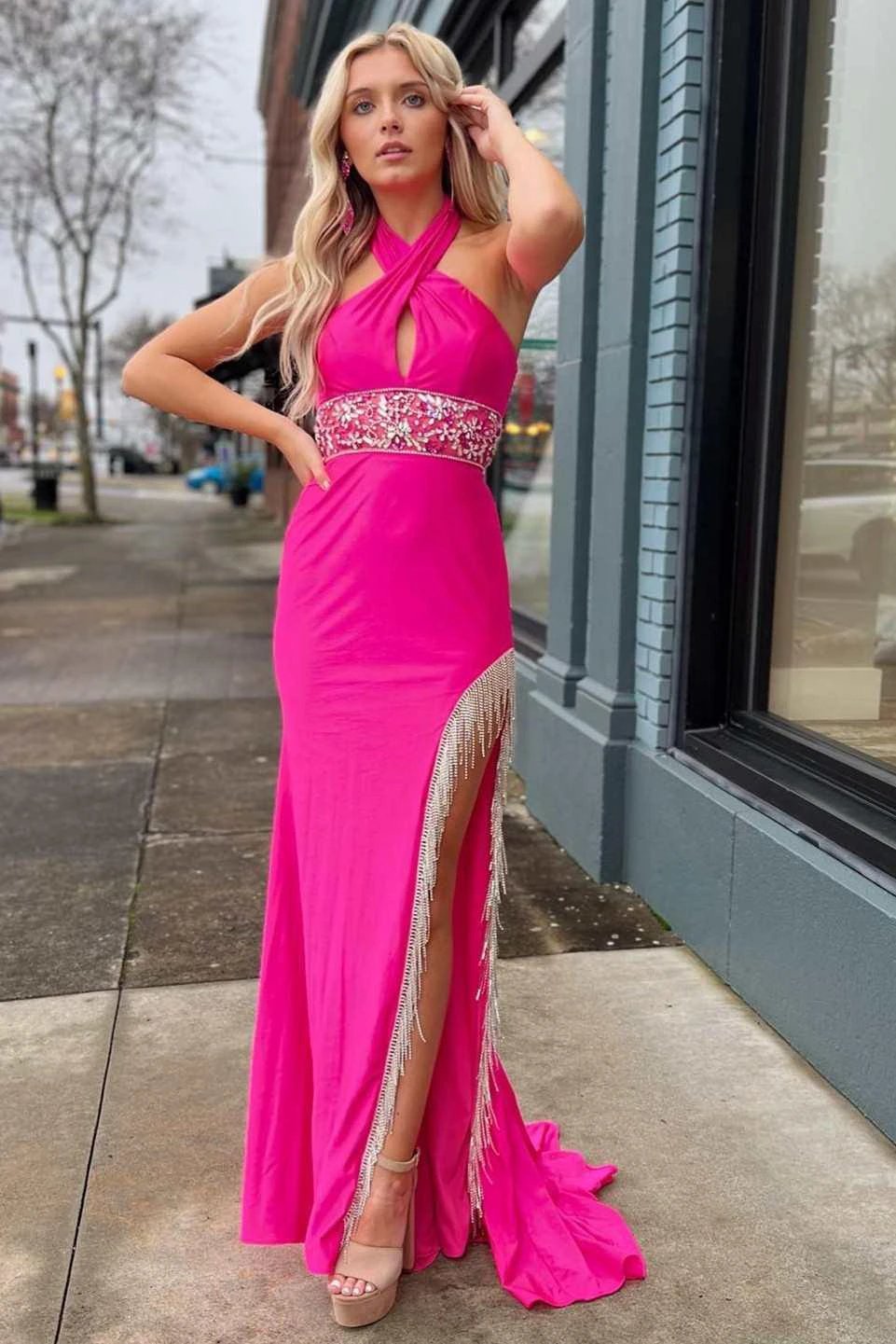 Lulie | Cross-Front Beaded Fringe Long Prom Dress with Slit by KissProm