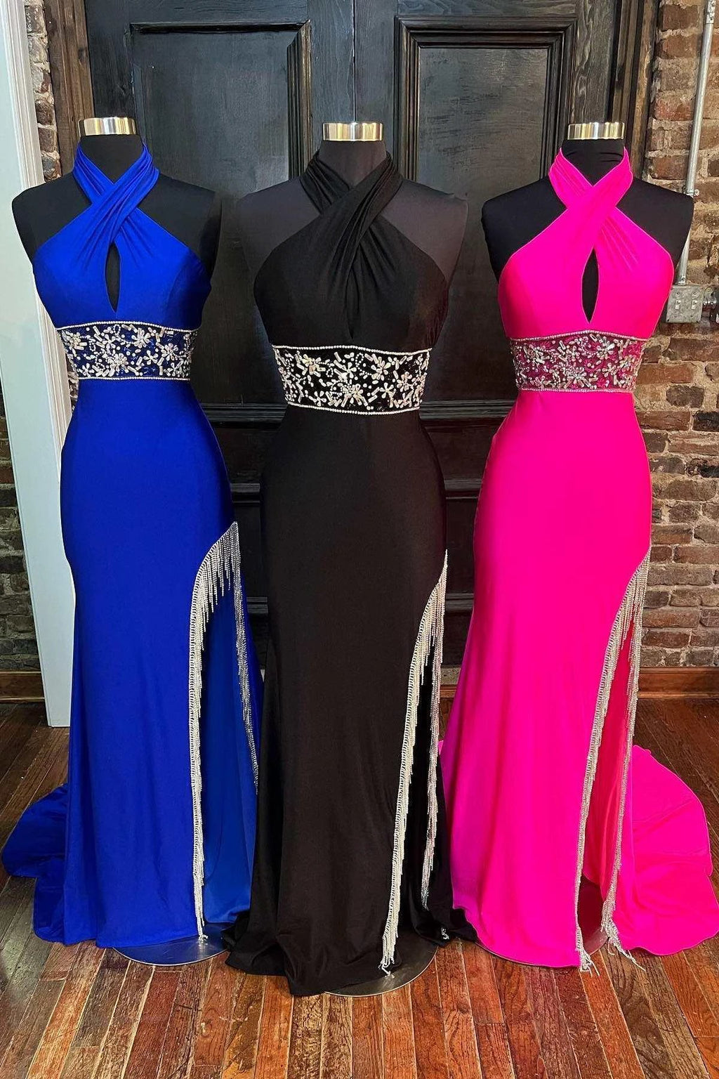 Lulie | Cross-Front Beaded Fringe Long Prom Dress with Slit by KissProm