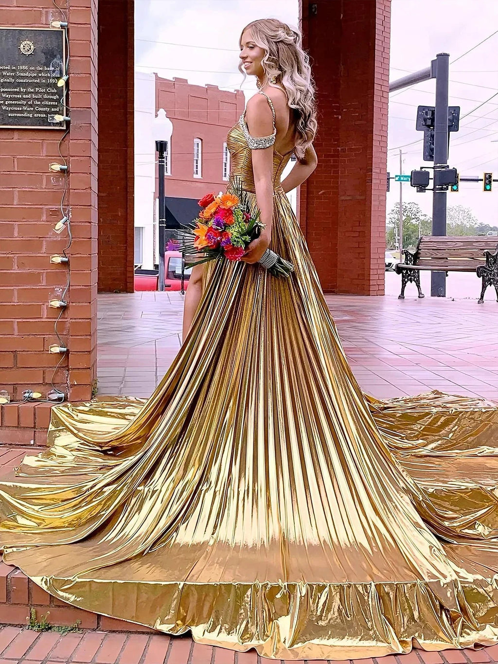 Lulu | Off the Shoulder Gold A-Line Metallic Pleated Long Formal Gown by KissProm