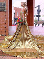 Lulu | Off the Shoulder Gold A-Line Metallic Pleated Long Formal Gown by KissProm