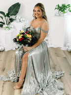 Lulu | Off the Shoulder Gold A-Line Metallic Pleated Long Formal Gown by KissProm