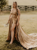 Lulu | Off the Shoulder Gold A-Line Metallic Pleated Long Formal Gown by KissProm