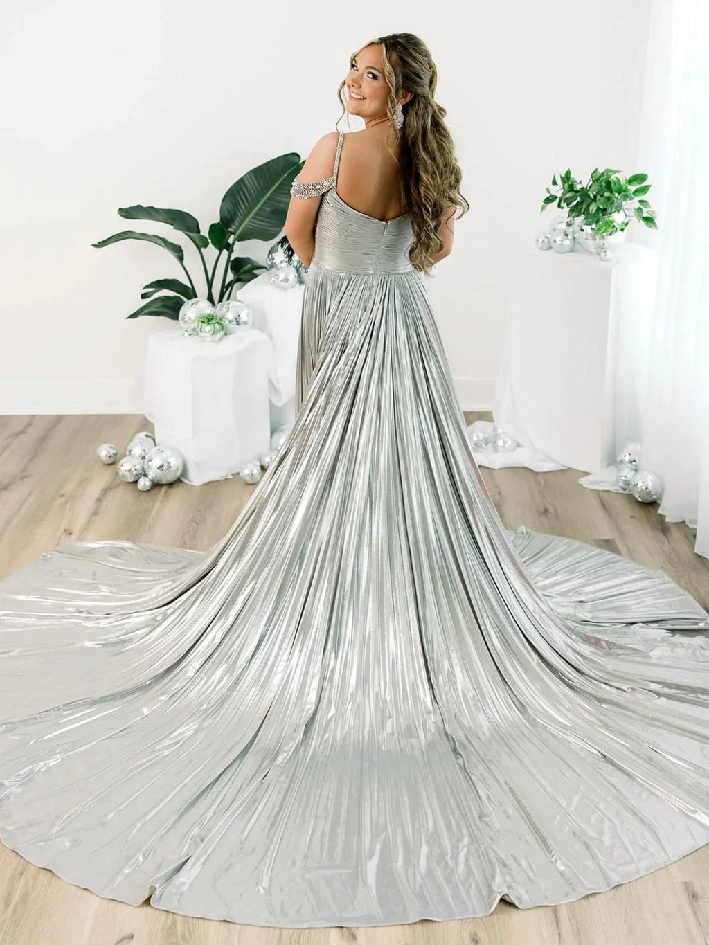 Lulu | Off the Shoulder Gold A-Line Metallic Pleated Long Formal Gown by KissProm