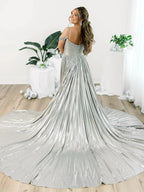 Lulu | Off the Shoulder Gold A-Line Metallic Pleated Long Formal Gown by KissProm