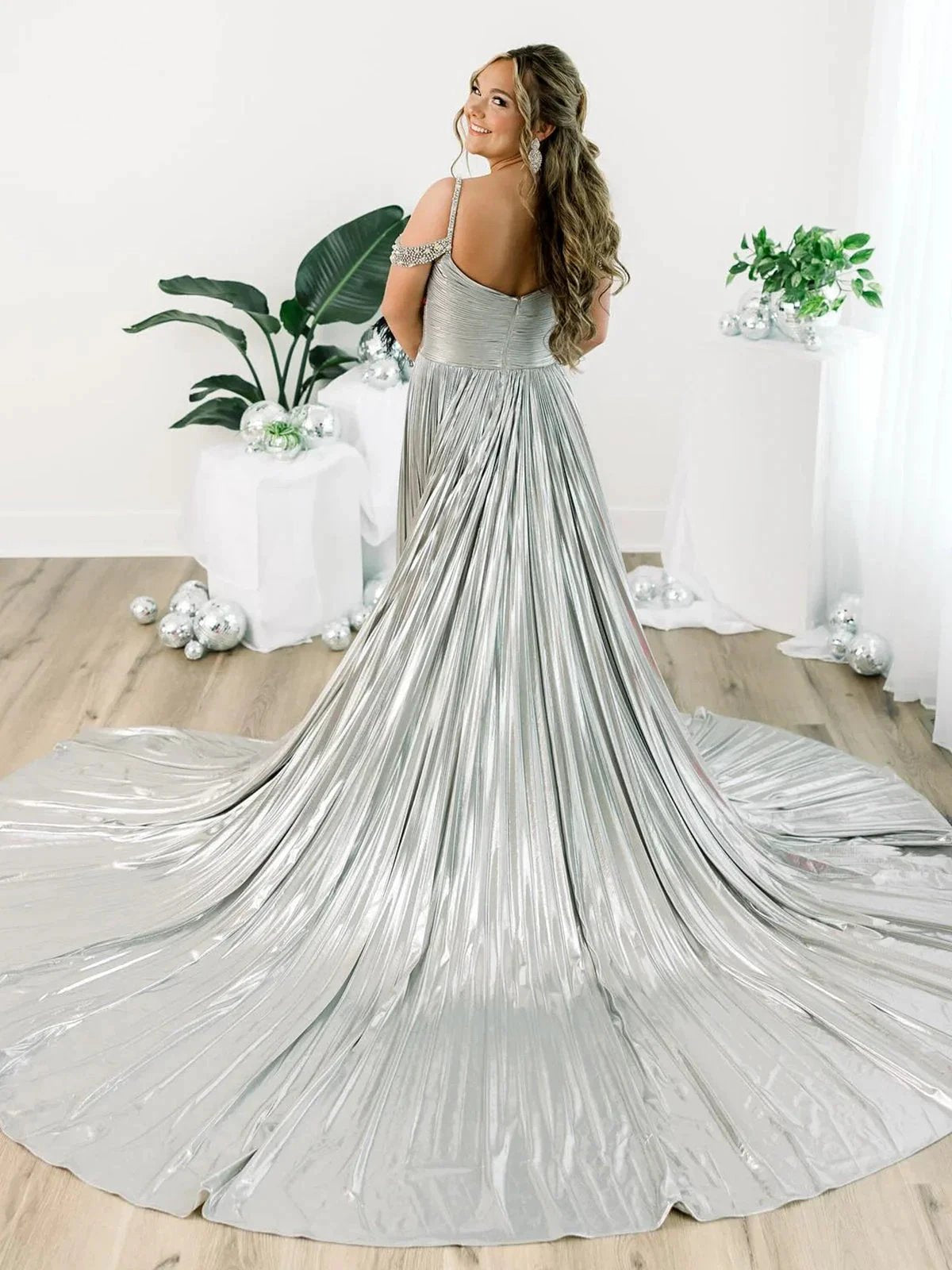 Lulu | Off the Shoulder Gold A-Line Metallic Pleated Long Formal Gown by KissProm