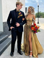 Lulu | Off the Shoulder Gold A-Line Metallic Pleated Long Formal Gown by KissProm