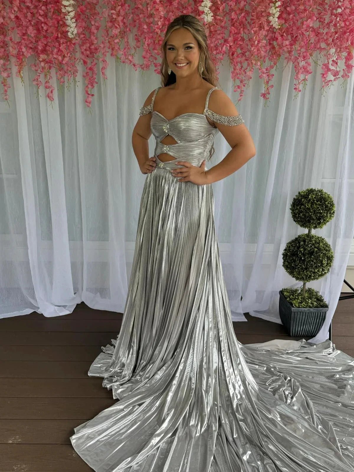 Lulu | Off the Shoulder Gold A-Line Metallic Pleated Long Formal Gown by KissProm