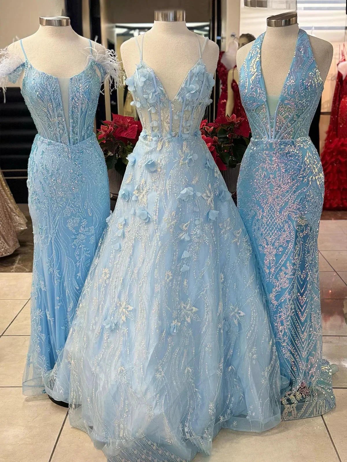 Luminea | Light Blue 3D Flower Lace V-Neck A-Line Long Prom Dress by KissProm