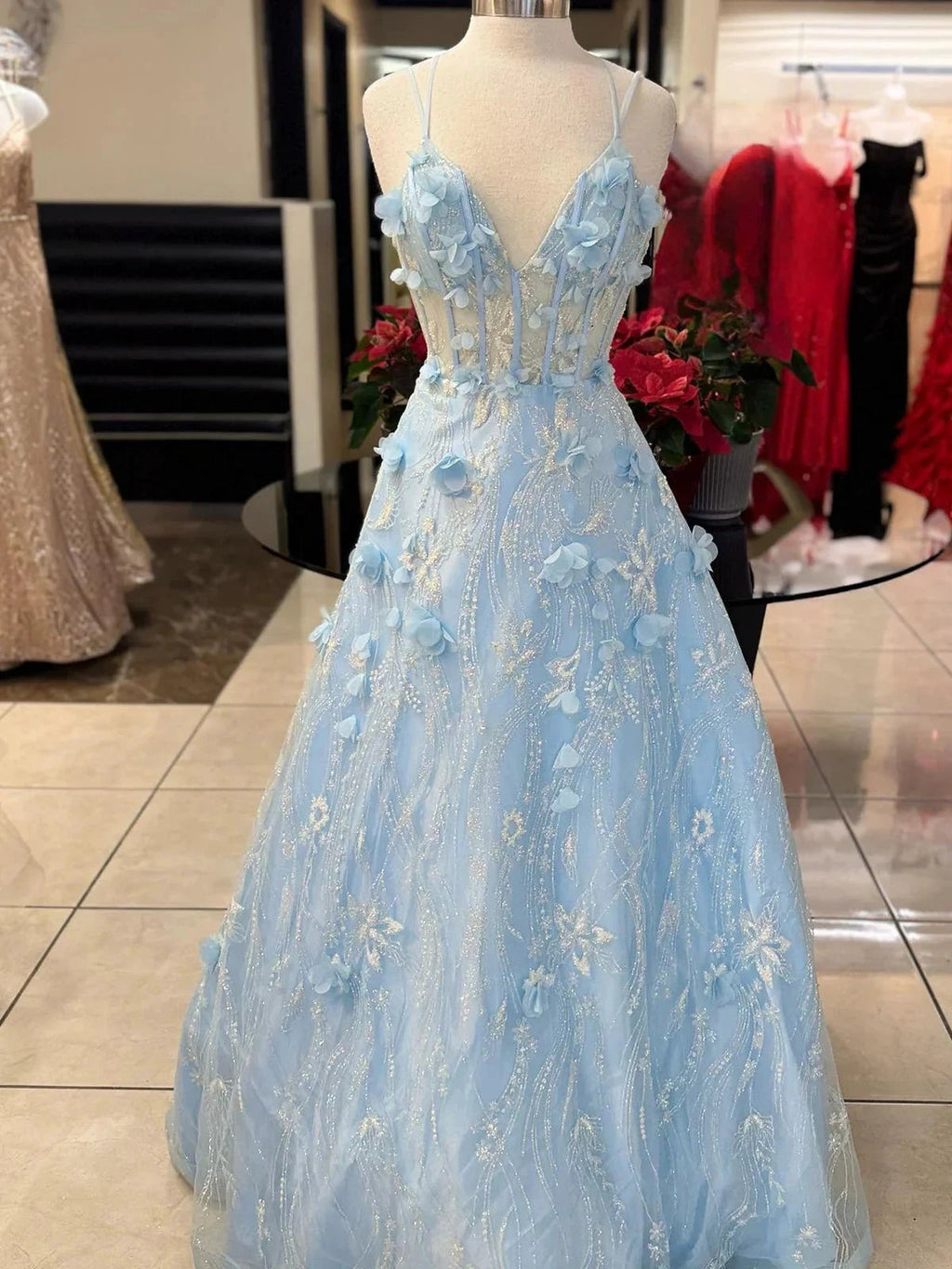 Luminea | Light Blue 3D Flower Lace V-Neck A-Line Long Prom Dress by KissProm