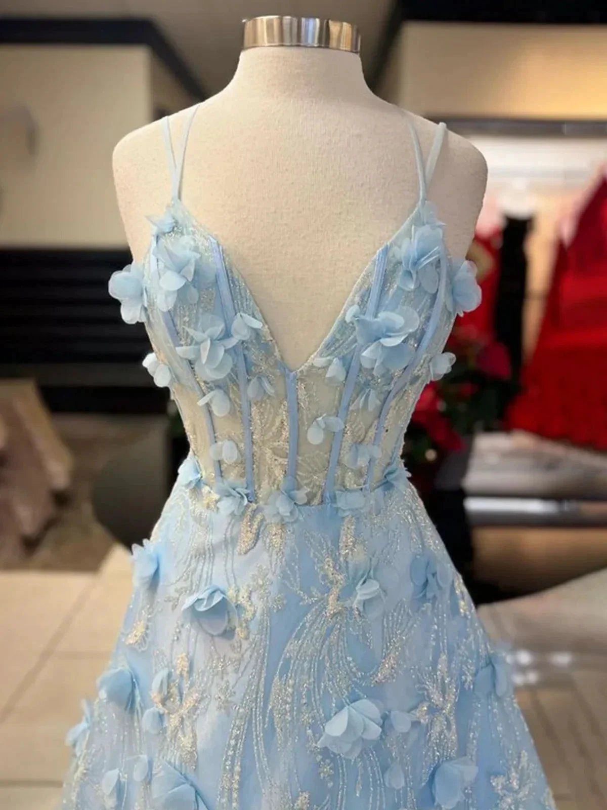 Luminea | Light Blue 3D Flower Lace V-Neck A-Line Long Prom Dress by KissProm