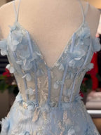 Luminea | Light Blue 3D Flower Lace V-Neck A-Line Long Prom Dress by KissProm