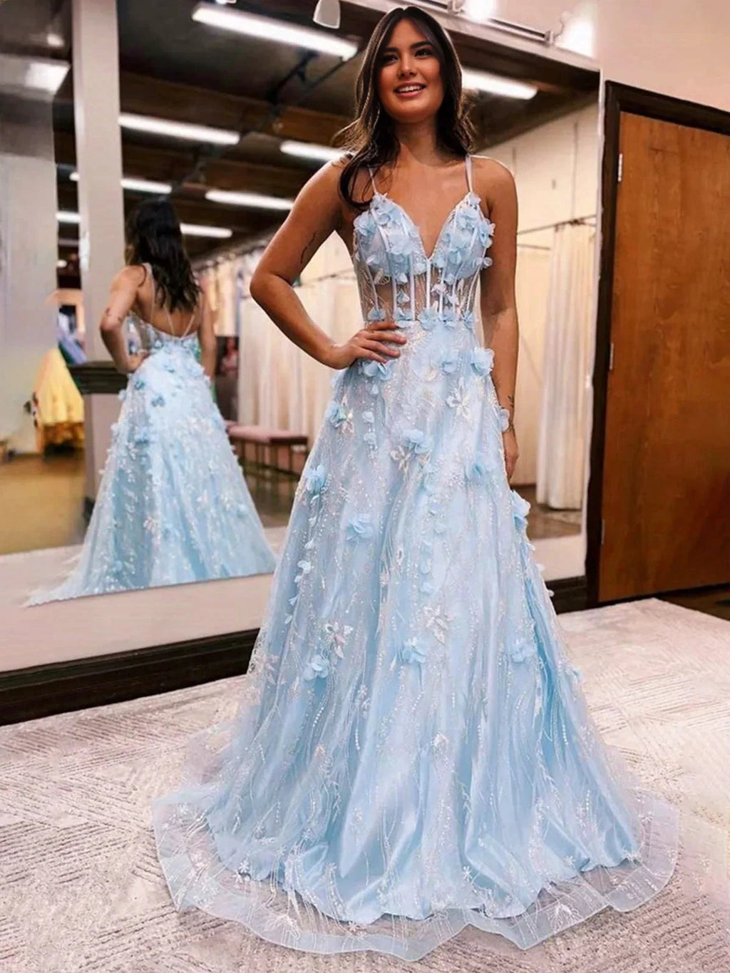 Luminea | Light Blue 3D Flower Lace V-Neck A-Line Long Prom Dress by KissProm