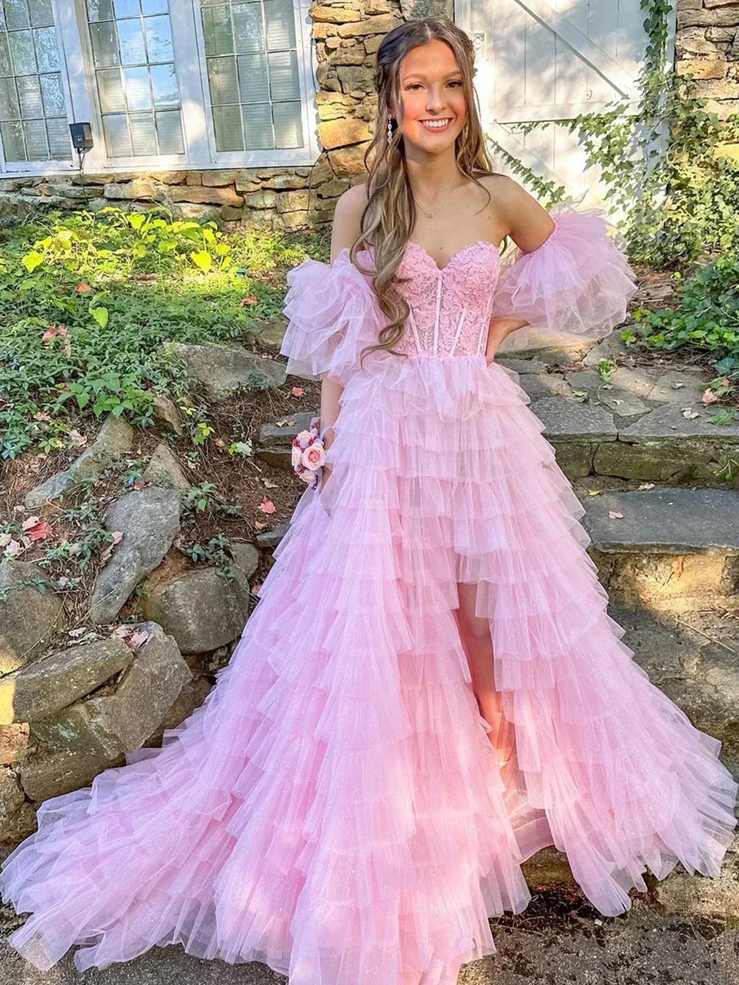 Lunaire | A Line Sweetheart Pink Tiered Tulle Prom Dress with Slit by KissProm