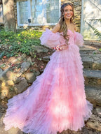 Lunaire | A Line Sweetheart Pink Tiered Tulle Prom Dress with Slit by KissProm