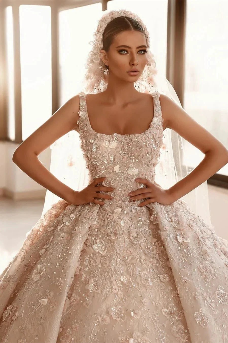 Luxurious A-line Appliques Princess Wedding Dresses With Detachable Train by misshow.com