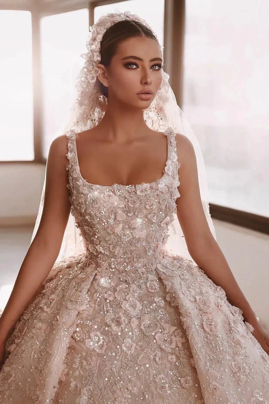 Luxurious A-line Appliques Princess Wedding Dresses With Detachable Train by misshow.com