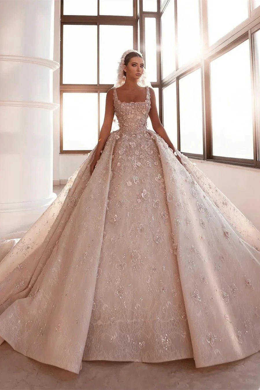 Luxurious A-line Appliques Princess Wedding Dresses With Detachable Train by misshow.com