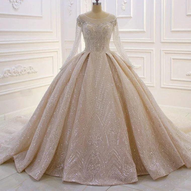 Luxurious A-line Lace Sequined Wedding Dress With Long Sleeves by misshow.com