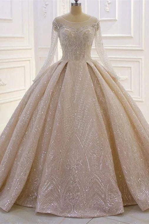 Luxurious A-line Lace Sequined Wedding Dress With Long Sleeves by misshow.com