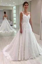 Luxurious A-Line Lace Sweetheart Sleeveless White Long Wedding Dress With Appliques by misshow.com