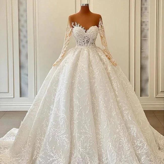 Luxurious A-line Long Sleeve Lace Ball Gown Princess Wedding Dresses by misshow.com